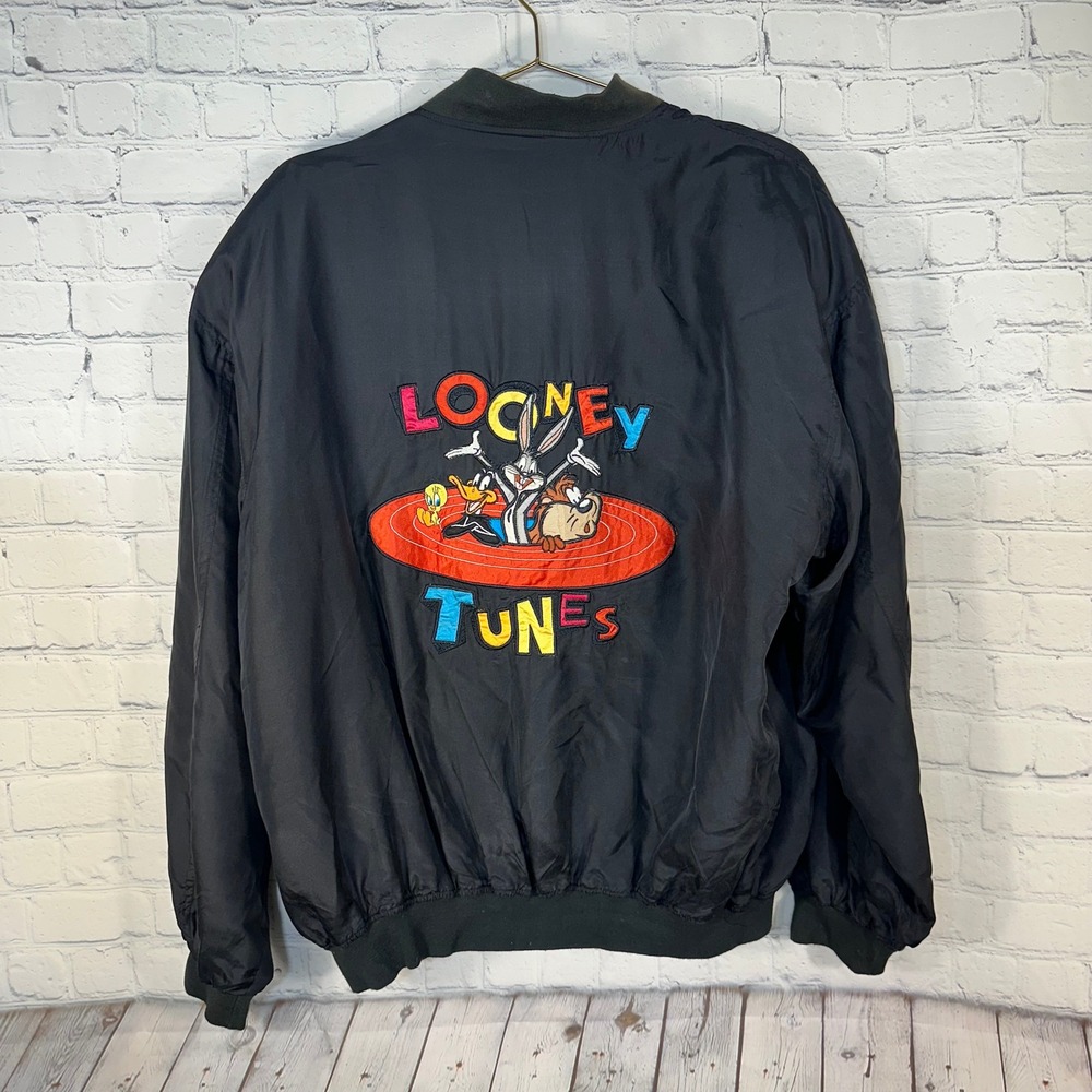 Vintage 1995 Looney Tunes Bomber Jacket American Characters Black Mens Medium